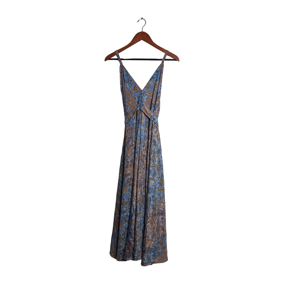 Advance Silk Blend Paisley Maxi Dress Blue Gold V-Neck One Size OSFM India